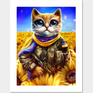 Ukrainian cat warrior in a field of sunflowers Posters and Art